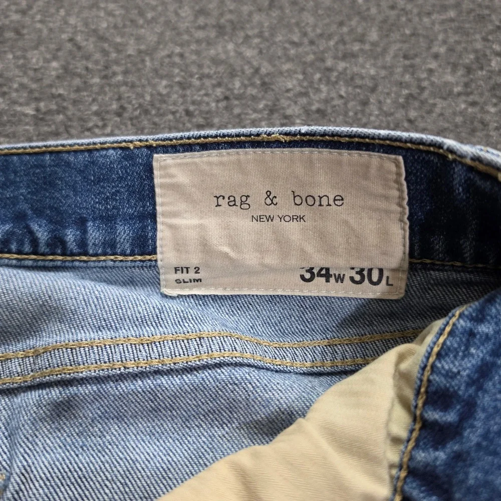 Rag & Bone Fit 2 Slim Jeans Mens 34x30 Blue Denim Light Wash Distressed Casual